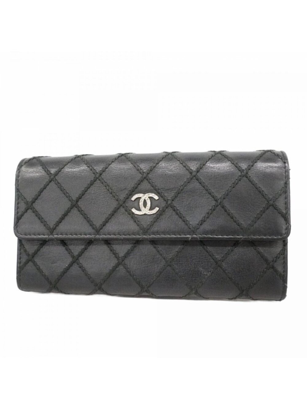 Chanel Wallet Wild Stitch Lambskin Black Silver